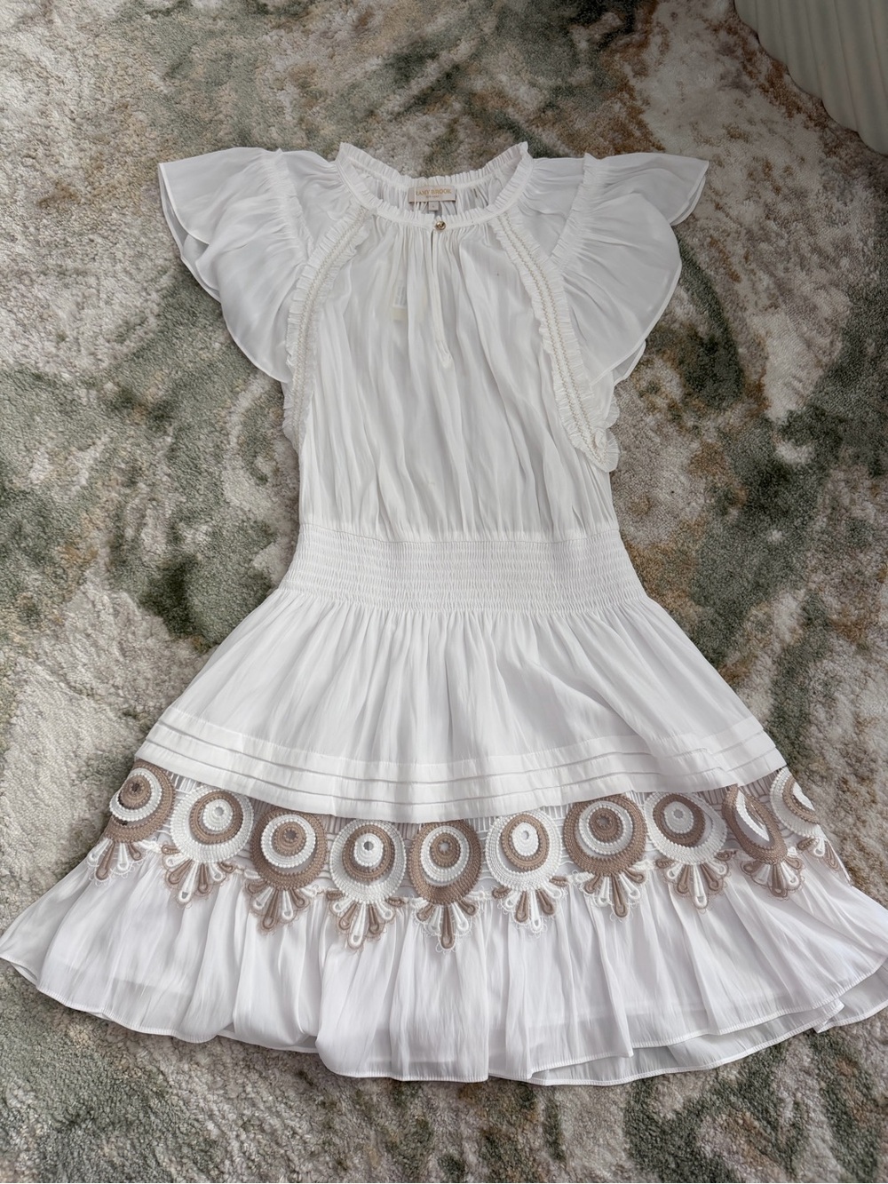 Ramy Brook Ariana White Flutter-Sleeve Dress with Embroidered Hem